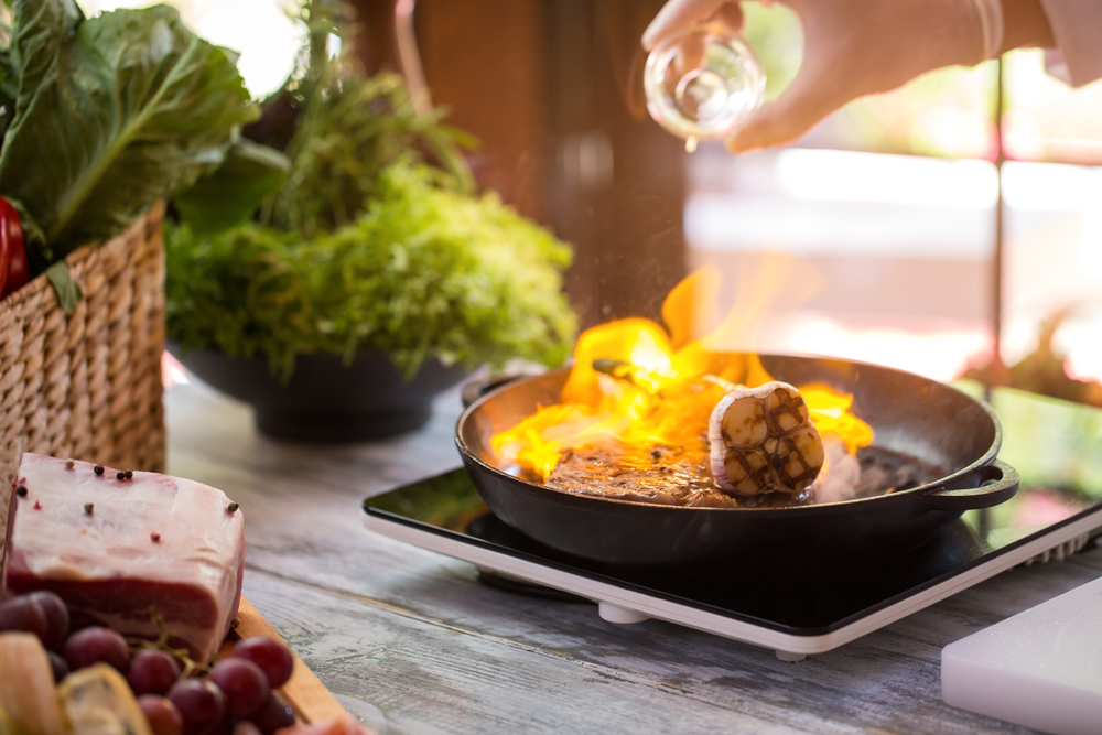 Flame in frying pan.