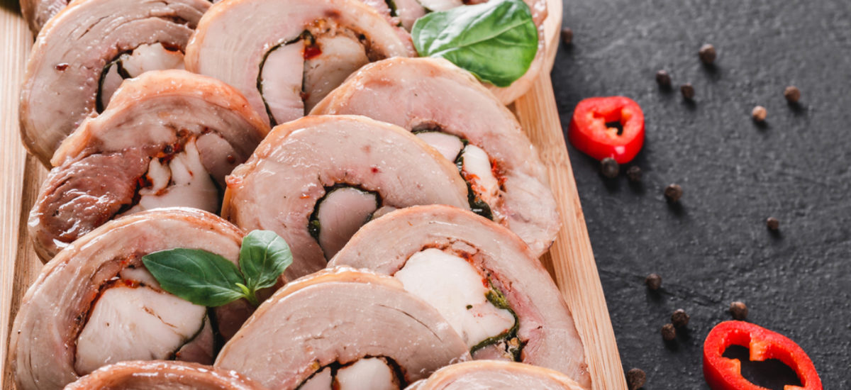 Assorted meat, stuffed chicken roll, meat roll with pepper, gree